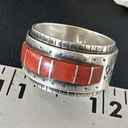 Navajo Coral Inlay Ring | Sterling Silver | Sz 11 | Authentic Native American Handmade | 15912