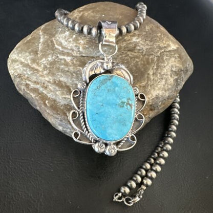 Navajo Kingman Turquoise Pendant Necklace | Sterling Silver Pearls | Authentic Native American Handmade | 15214