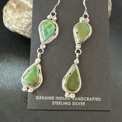 Navajo Green Royston Turquoise Dangle Earrings | Sterling Silver | Authentic Native American Handmade | 17142