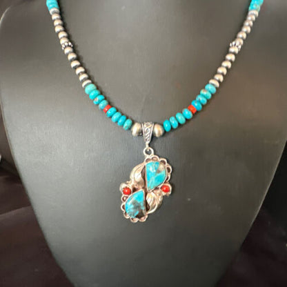 Navajo Blue Turquoise Coral Pendant Necklace | Sterling Silver | Multi-Stone | Authentic Native American Handmade | 15257