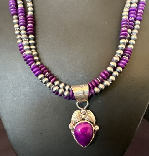 Navajo Sugilite Bead Necklace Set | 3 Strands | Sterling Silver | 21" | Authentic Native American Handmade | 16792