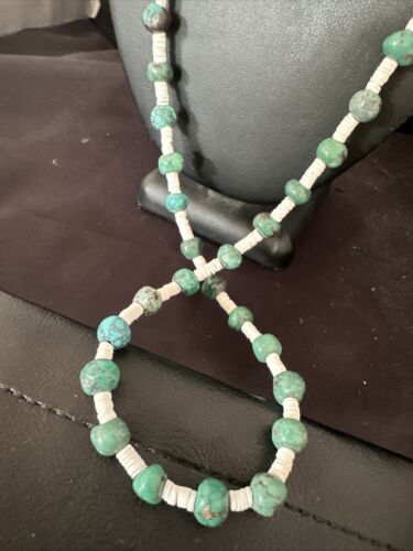 Men's Santo Domingo Blue Turquoise White Shell Necklace | 32" | Round Bead | 16004
