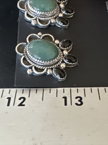 Navajo Black Onyx Green Jade Earrings | Sterling Silver | 1" | Authentic Native American Handmade | 15333