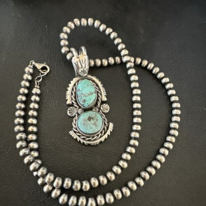 Navajo Blue Kingman Turquoise 2 Stone Cluster Pendant | Sterling Silver | Authentic Native American Handmade | 17634