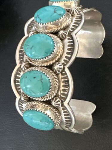 Navajo Blue Turquoise 5 Stone Cuff Bracelet | Sterling Silver | XL Men's | Authentic Native American Handmade | 15859