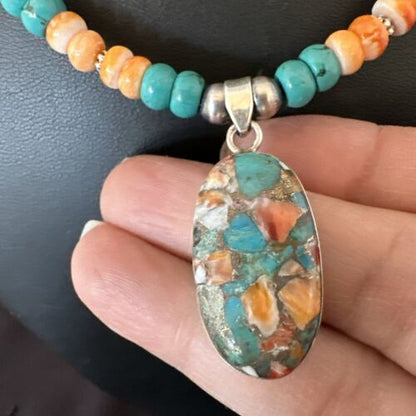 Navajo Spiny Turquoise Pendant Necklace | Sterling Silver | 22" | Authentic Native American Handmade | 17429