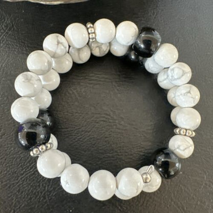 Memory Wire Stainless Steel Howlite Onyx Bead Bracelet 17617