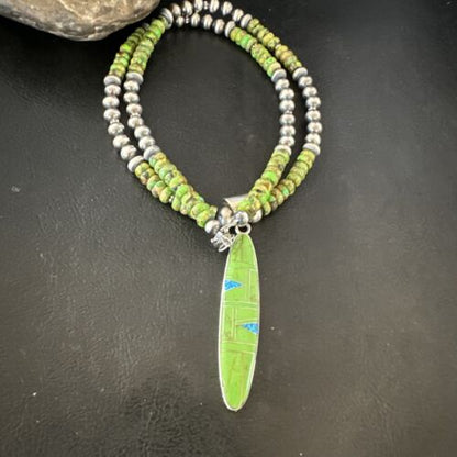 Navajo Green Gaspeite & Turquoise Inlay Pendant Necklace | Sterling Silver | 22" | Authentic Native American Handmade | 16765