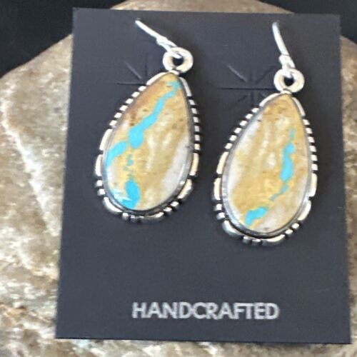 Navajo Blue Boulder Turquoise Dangle Earrings | Sterling Silver | Authentic Native American Handmade | 16497