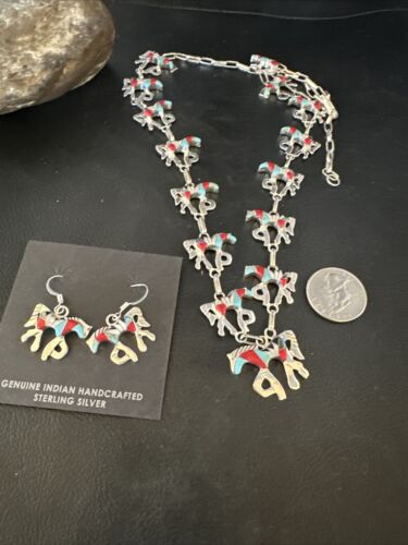 Navajo Turquoise Coral Mother of Pearl Horse Inlay Necklace & Earrings Set | Sterling Silver | Authentic Native American Handmade