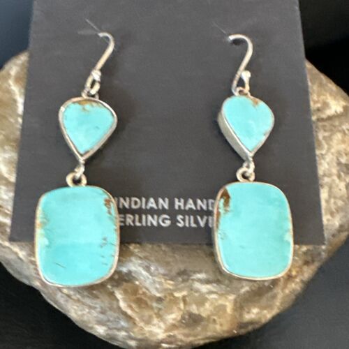 Navajo Blue Kingman Turquoise Dangle Earrings | Sterling Silver | Authentic Native American Handmade | 15116