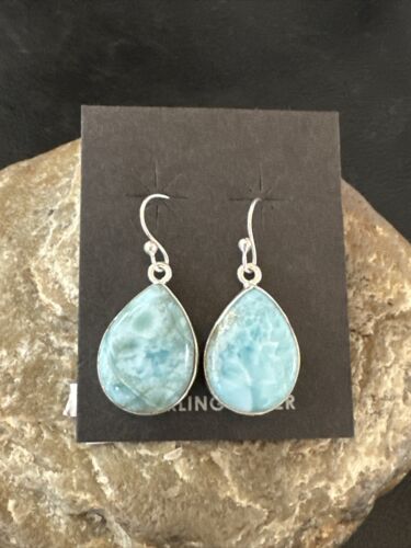 Navajo Blue Larimar Dangle Earrings | Sterling Silver | Authentic Native American Handmade | 17291