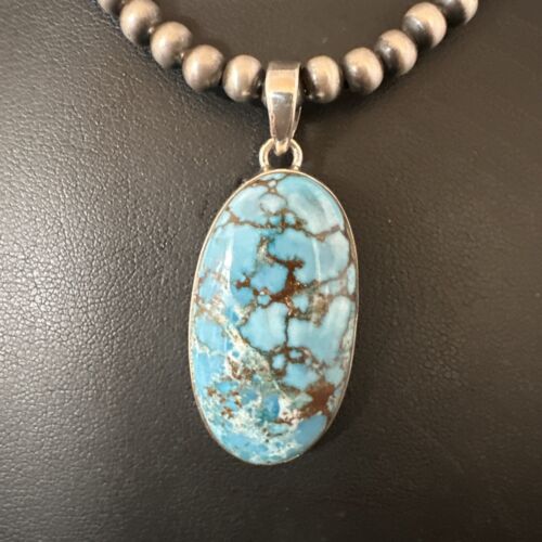 Navajo Blue Spiderweb Turquoise Pendant Necklace | Sterling Silver | Authentic Native American Handmade | 17028