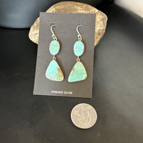 Navajo Blue Kingman Turquoise Dangle Earrings | Sterling Silver | Authentic Native American Handmade | 15124