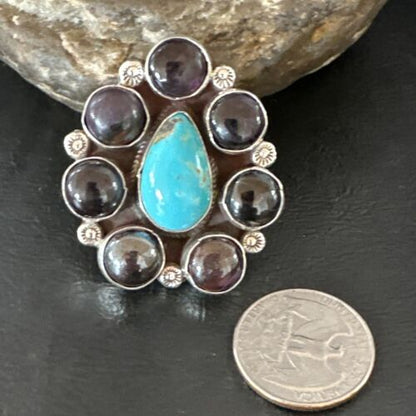Navajo Blue Kingman Turquoise and Sugilite Cluster Ring | Authentic Native American Sterling Silver | Multi-Stone | Sz 9.5 | 16771