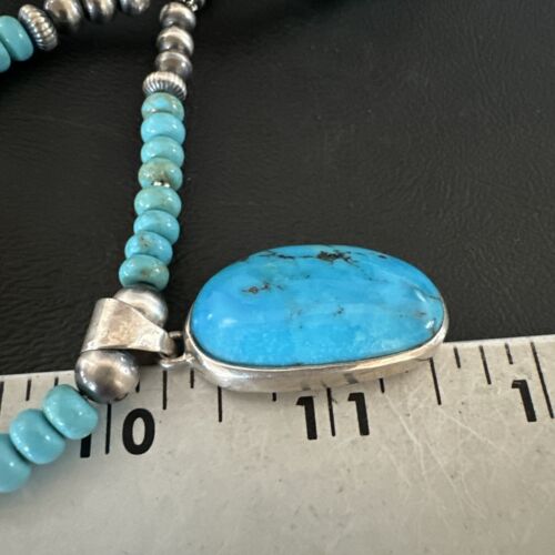 Navajo Blue Kingman Turquoise Pendant Necklace | Sterling Silver | 21" | Authentic Native American Handmade | 17087