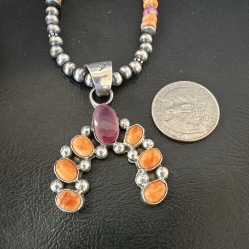 Navajo Pearls Orange Spiny Oyster Naja Pendant | Sterling Silver Necklace | Authentic Native American Handmade | 16802