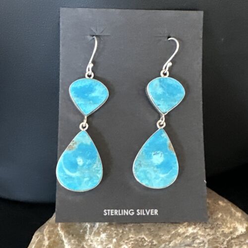 Navajo Blue Kingman Turquoise Dangle Earrings | Sterling Silver | Authentic Native American Handmade | 15106