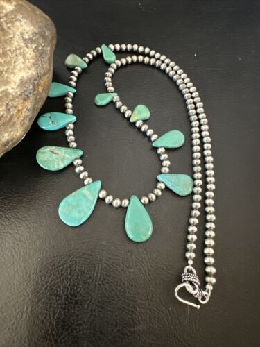 Southwestern Navajo Pearls Necklace | Sterling Silver | Green Turquoise Teardrop | 15762