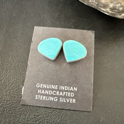 Navajo Blue Kingman Turquoise Post Stud Earrings | Sterling Silver | Authentic Native American Handmade | 17483