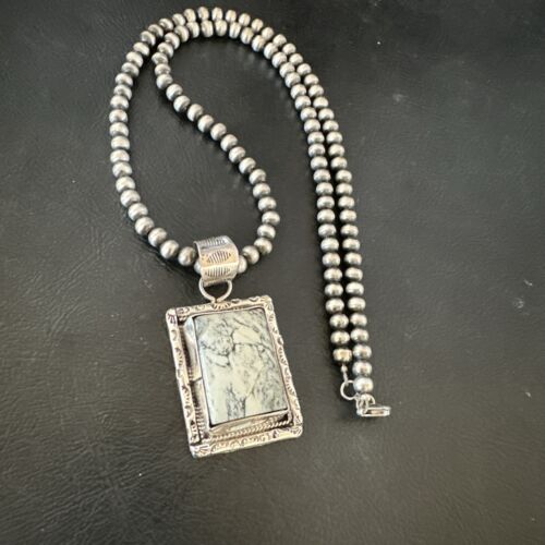 White Buffalo Turquoise Pendant | Navajo Pearls Sterling Silver Necklace | Authentic Native American Handmade | 17103