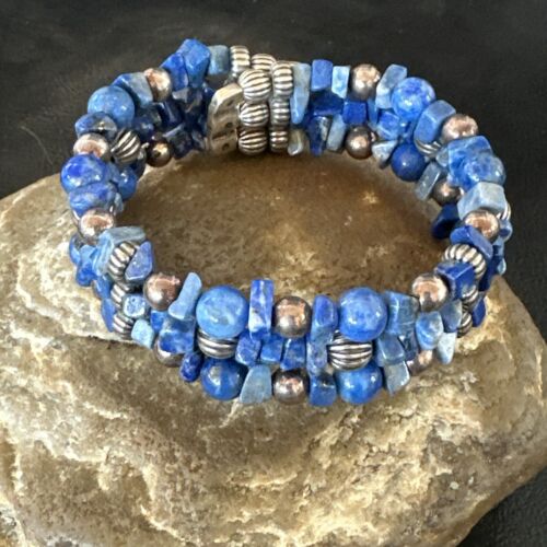 Navajo Lapis Silver Stainless Steel Memory Wire Bracelet | 6mm Beads | 6" | 17616