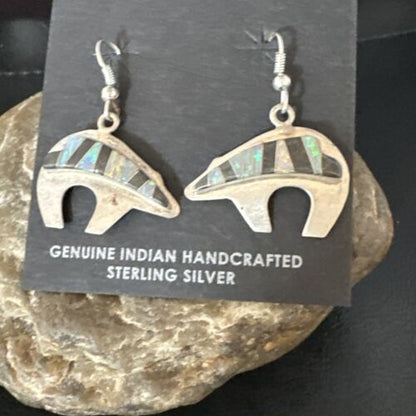 Navajo Onyx White Opal Inlay Dangle Earrings | Sterling Silver | Authentic Native American Handmade | 15352