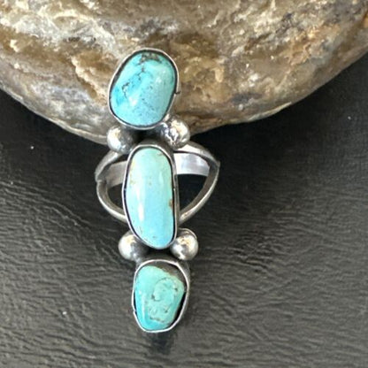 Navajo Blue Turquoise Cluster Ring | Authentic Native American Sterling Silver | Multi-Stone | Sz 7 | 17841