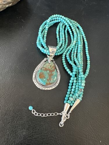 Blue Turquoise Pendant | Navajo Pearls | Sterling Silver Bead Necklace 17" | Multi-Strand | 15994