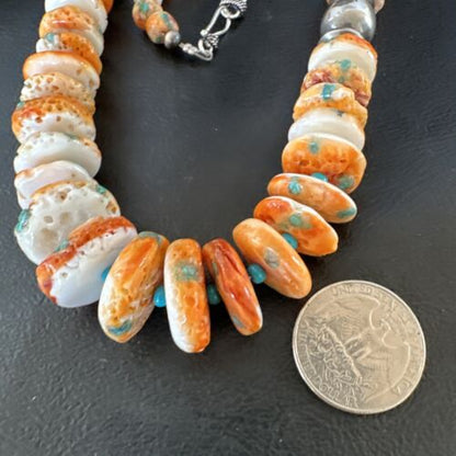 Navajo Blue Turquoise & Spiny Oyster Graduated Necklace | Sterling Silver | Authentic Native American | 24" | 16263 - Masha USA