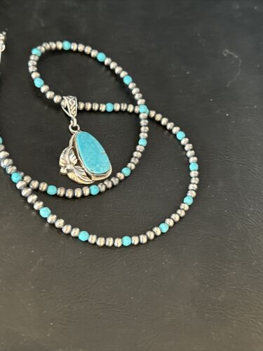 Navajo Pearls Kingman Turquoise Pendant Necklace | Sterling Silver | Authentic Native American Handmade | 14889