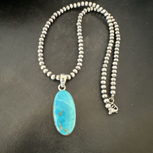 Navajo Blue Kingman Turquoise Pendant Necklace | Sterling Silver | 20" | Authentic Native American Handmade | 16992