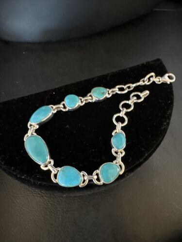 Navajo Blue Turquoise Link Bracelet | Sterling Silver | 8" | Authentic Native American Handmade | 15476 - Masha USA