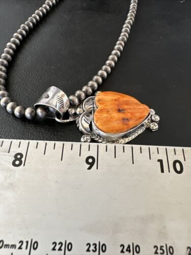 Navajo Orange Spiny Oyster Heart Pendant Necklace | Sterling Silver | Authentic Native American Handmade | 16415