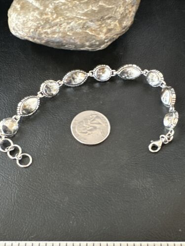 White Buffalo Turquoise 8-Stone Navajo Sterling Silver Link Bracelet 8" | Handmade | 16379