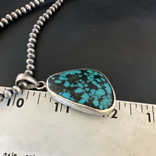 Men's Navajo Blue Spiderweb Turquoise Pendant Necklace | Sterling Silver | Authentic Native American Handmade | 16218