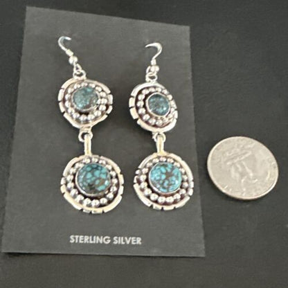 Navajo Blue Spiderweb Turquoise Dangle Earrings | Sterling Silver | Authentic Native American Handmade | 16010 - Masha USA