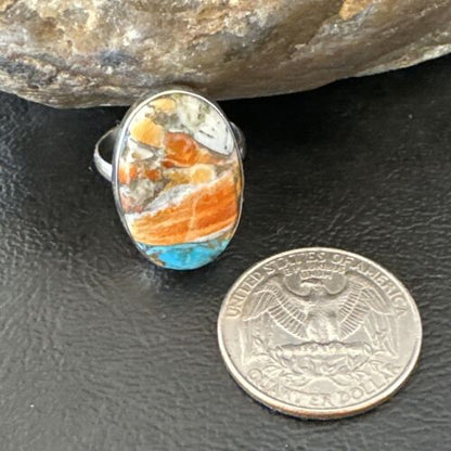 Navajo Blue Turquoise Orange Spiny Oyster Ring | Sterling Silver | Sz 8 | Authentic Native American Handmade | 16621