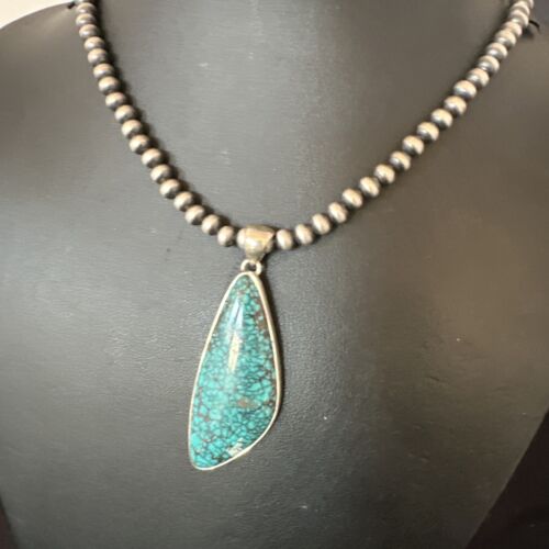Men's Navajo Blue Spiderweb Turquoise Pendant Necklace | Sterling Silver | Authentic Native American Handmade | 16221