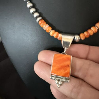 Navajo Pearls Sterling Silver Necklace with Orange Spiny Oyster Pendant | 17049