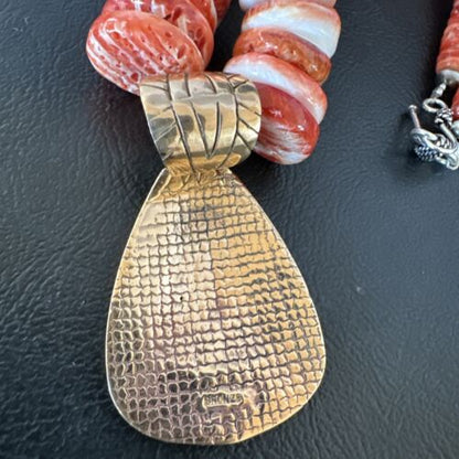 Navajo Red Spiny Oyster Pendant Necklace | Sterling Silver | Brass Inlay | Authentic Native American Handmade | 15789