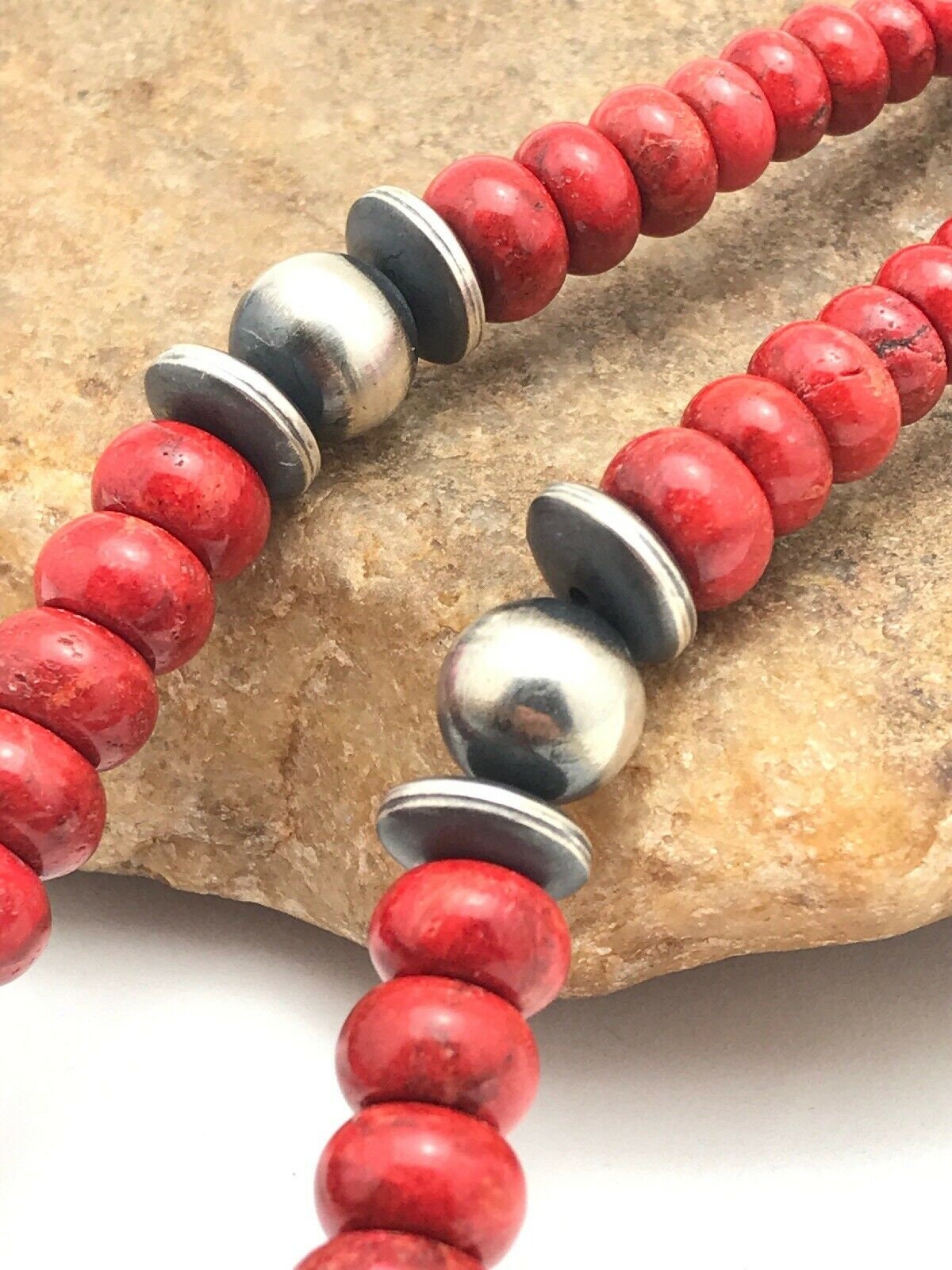 Navajo Sterling Silver Necklace with Apple Sponge Coral Beads | Authentic Native American Jewelry | 25" | 3262