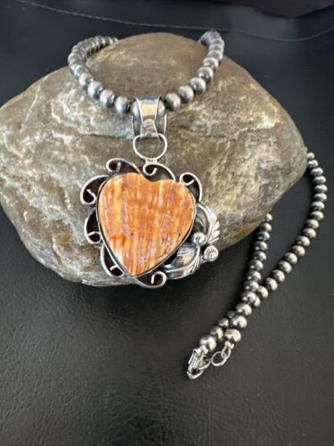 Navajo Orange Spiny Oyster Heart Pendant Necklace | Sterling Silver | Authentic Native American Handmade | 16420