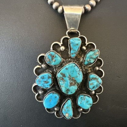 Navajo Blue Kingman Turquoise Cluster Pendant | Sterling Silver | 3" | Authentic Native American Handmade | 17417