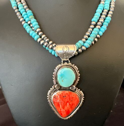 Navajo Pearls Blue Turquoise Spiny Pendant Necklace | Sterling Silver | 3-Strand | 16827