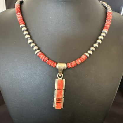 Navajo Pearls Sterling Silver Necklace with Lapis and Red Spiny Oyster Inlay Pendant | 17119