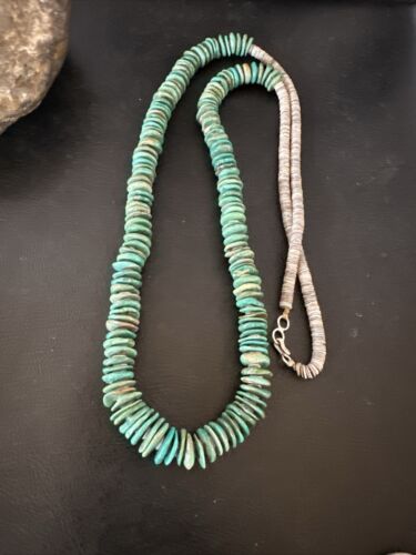 Santo Domingo Green Turquoise Shell Necklace | Sterling Silver | 30" | Authentic Native American Handmade | 17451