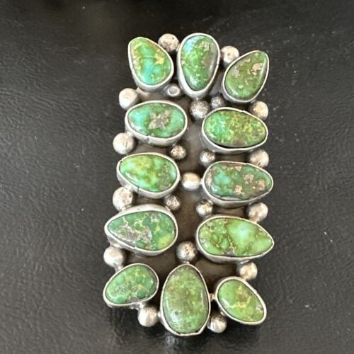 Navajo Green Sonoran Gold Turquoise Cluster Ring |Authentic Native American Sterling Silver | Multi-Stone | Sz 9 | 16028