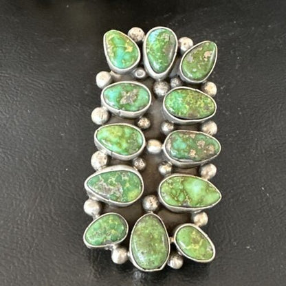 Navajo Green Sonoran Gold Turquoise Cluster Ring |Authentic Native American Sterling Silver | Multi-Stone | Sz 9 | 16028