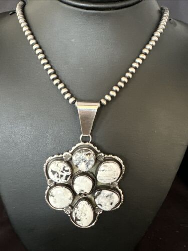 Navajo White Buffalo Turquoise Sterling Silver Pendant Necklace | Multi-Stone | 14898